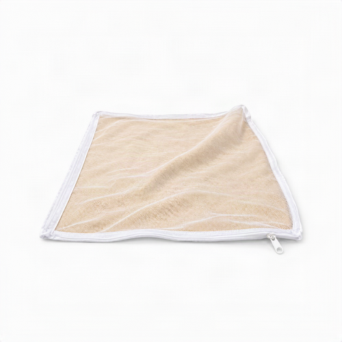 A square beige mesh bag with a white zipper and white trim, shown on a plain white background.