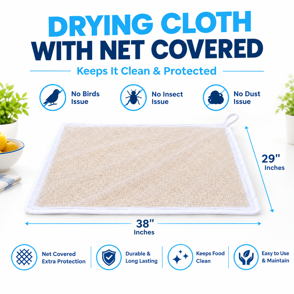 Food Drying Cloth with Stitched Net Cover – 38 × 29 Inches
