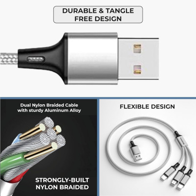 Kratos Unbreakable 1.2 Mtr 3 in 1 Charging Cable with Nylon Braided Long Life Multi charger cable fast charging for lighting, Type C and Micro USB ports, Fast charging cable for Smartphones & Tablets