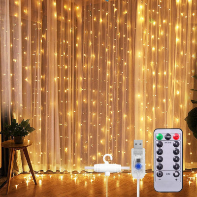 XERGY Window Curtain String Light Resin 300 LED 8 Lighting Modes Dimmable Fairy Lights Remote Control USB Powered for Home Decoration Light Diwali House Party Wedding Decor (Warm White)