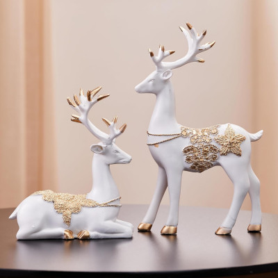 Resin Golden and White Reindeer Sculptures | Beautiful Home Decor | Elevates The Energy of Your Room (Pack of 2, White and Golden)