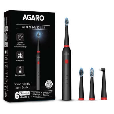 AGARO COSMIC Lite Sonic Electric Toothbrush for Adults with 6 Modes, 3 Brush Heads, 1 Interdental Head and Rechargeable with 3.5 Hours Charge Lasting up to 25 Days, Power Toothbrush, Black
