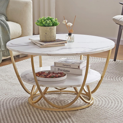 Ereteken ART Round Gold Coffee Table,2 Tier Coffee Tables for Living Room,Circle Coffe Table with Storage Modern Center Tea Table Wooden Faux Marble Top Metal Legs Accent Table (Gold White)
